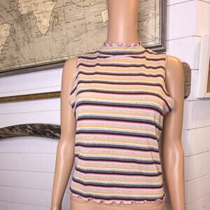 Candie's Pink Yellow Striped Knit Mock Neck Sleeveless Tank L Women